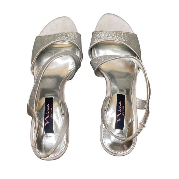 Nina New York Strappy Silver Satin & Sparkle Heel Event Pumps Platform 9M - Picture 7 of 9